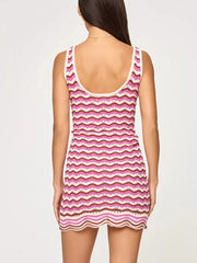 Openwork Chevron Knit Tank Dress in Fuchsia Pink, back view