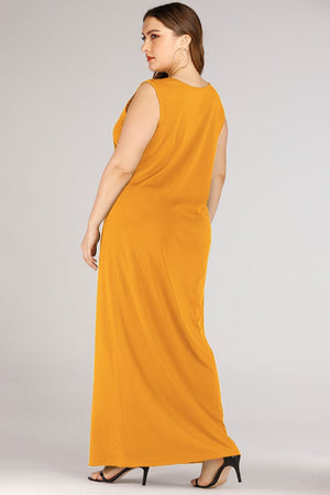 Sleek scoop-neck maxi column dress in gold, sleeveless, with a relaxed fit.