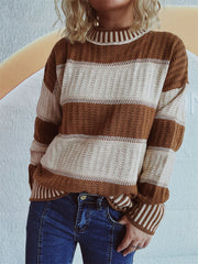 Textured stripe mock neck knit sweater in caramel and cream with ribbed details.