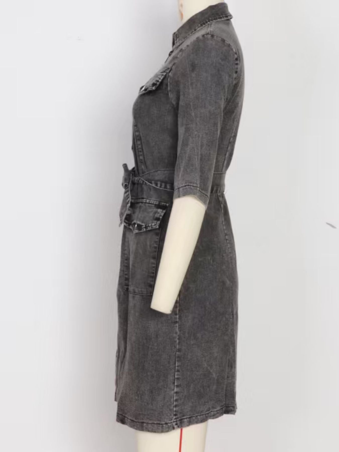 Grey denim shirt dress with zipper front, belt, and pockets.