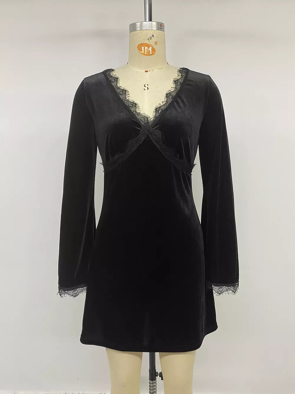 Velvet Lace Trim V-neck Mini Dress in Black, fabric detail