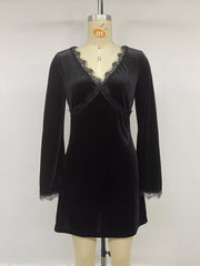 Velvet Lace Trim V-neck Mini Dress in Black, fabric detail