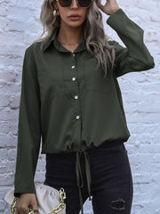 Black Forest utility shirt with drawstring waist, button front, and two chest pockets.