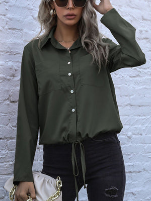 Black Forest utility shirt with drawstring waist, button front, and two chest pockets.