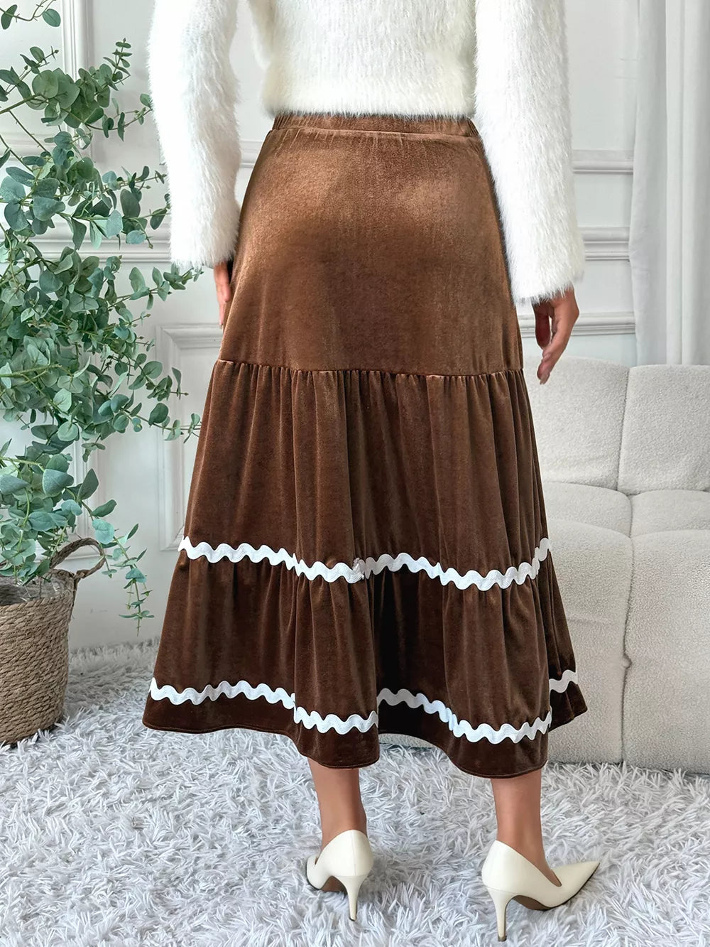 Brown velvet tiered midi skirt with wavy white trim, A-line cut