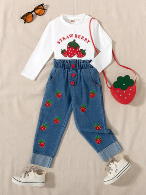 Children's Strawberry Long Sleeve Top And Jeans Set in White, front view