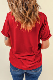 Red graphic t-shirt with cuffed short sleeves and a relaxed fit.