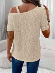 Beige waffle knit one-shoulder t-shirt with cutout detail and short sleeves.