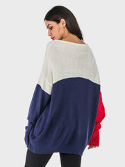 Colorblock off-shoulder knit sweater in dark blue, white, and red.