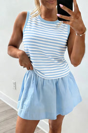 Two-piece blue and white striped tank top with a light blue skort set.