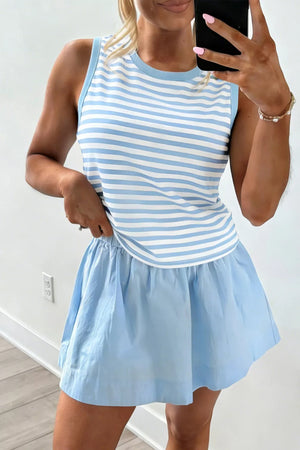 Two-piece blue and white striped tank top with a light blue skort set.