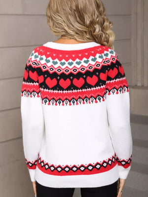 White crew neck sweater with red heart motif and fair isle pattern, acrylic knit.