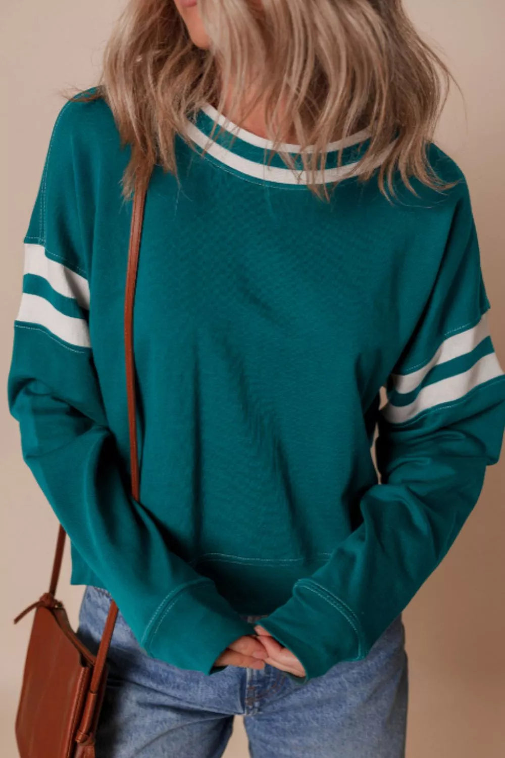 Contrast Striped Patchwork Sweatshirt in French Blue, alternate angle