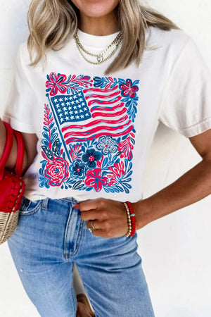 White polyester t-shirt with patriotic floral American flag graphic.