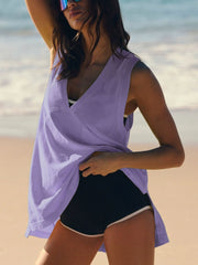 Lavender wrap-front pocket tank top with V-neck and side slits.