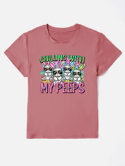 Dusty Pink graphic t-shirt with "Chilling With My Peeps" text and cartoon bunnies wearing sunglasses.