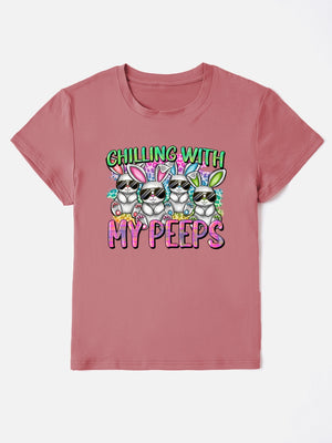 Dusty Pink graphic t-shirt with "Chilling With My Peeps" text and cartoon bunnies wearing sunglasses.