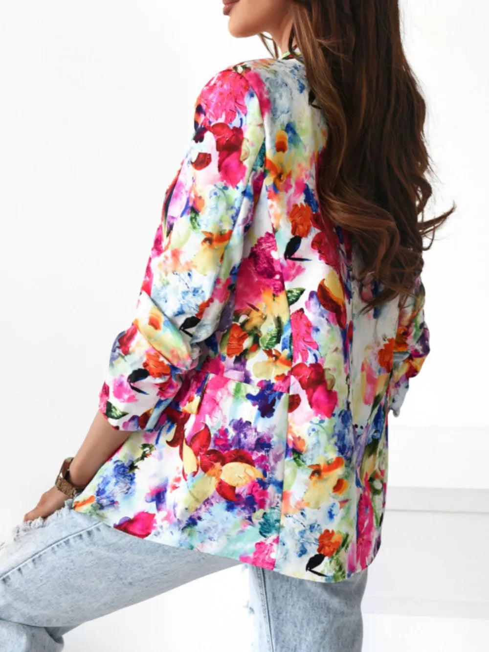 Vibrant Floral Print Open Front Blazer in Red, view 14