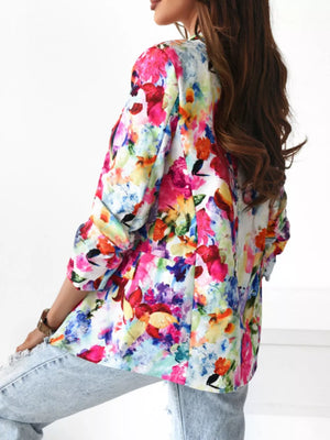 Vibrant Floral Print Open Front Blazer in Red, view 14