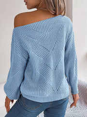 Misty Blue off-the-shoulder knit sweater with openwork detail and long sleeves.