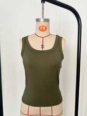 Army green ribbed knit tank top with scoop neckline and cropped fit