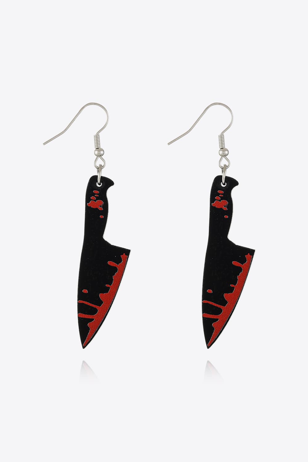 Gory Blade drop earrings in black with red blood splatter detail.