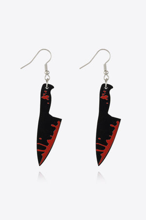 Gory Blade drop earrings in black with red blood splatter detail.