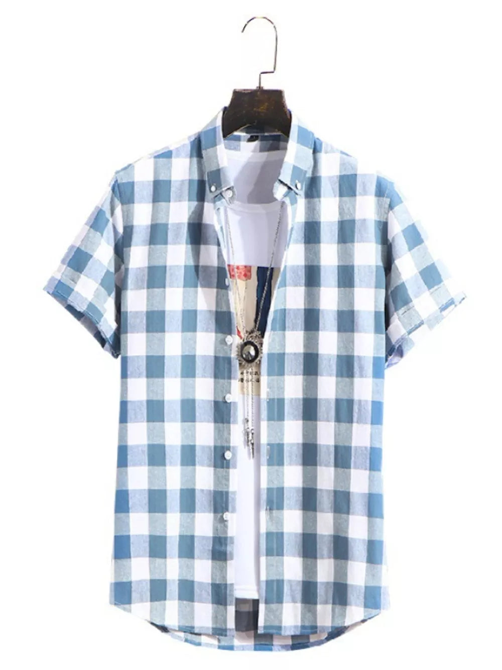 Blue and white plaid short sleeve cotton shirt with button-down collar.