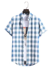 Blue and white plaid short sleeve cotton shirt with button-down collar.