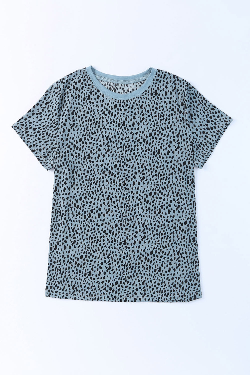 Teal spotted print crew neck t-shirt with short sleeves.
