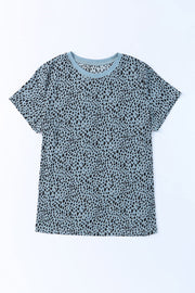 Teal spotted print crew neck t-shirt with short sleeves.