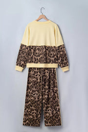 Leopard Print Long Sleeve V-neck Top & Pant Set in Coffee Brown, fabric detail