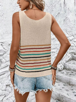 Chic striped V-neck knit vest in beige with colorful horizontal stripes.