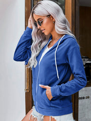 Royal blue zip hoodie with white drawstring detail and front pockets.