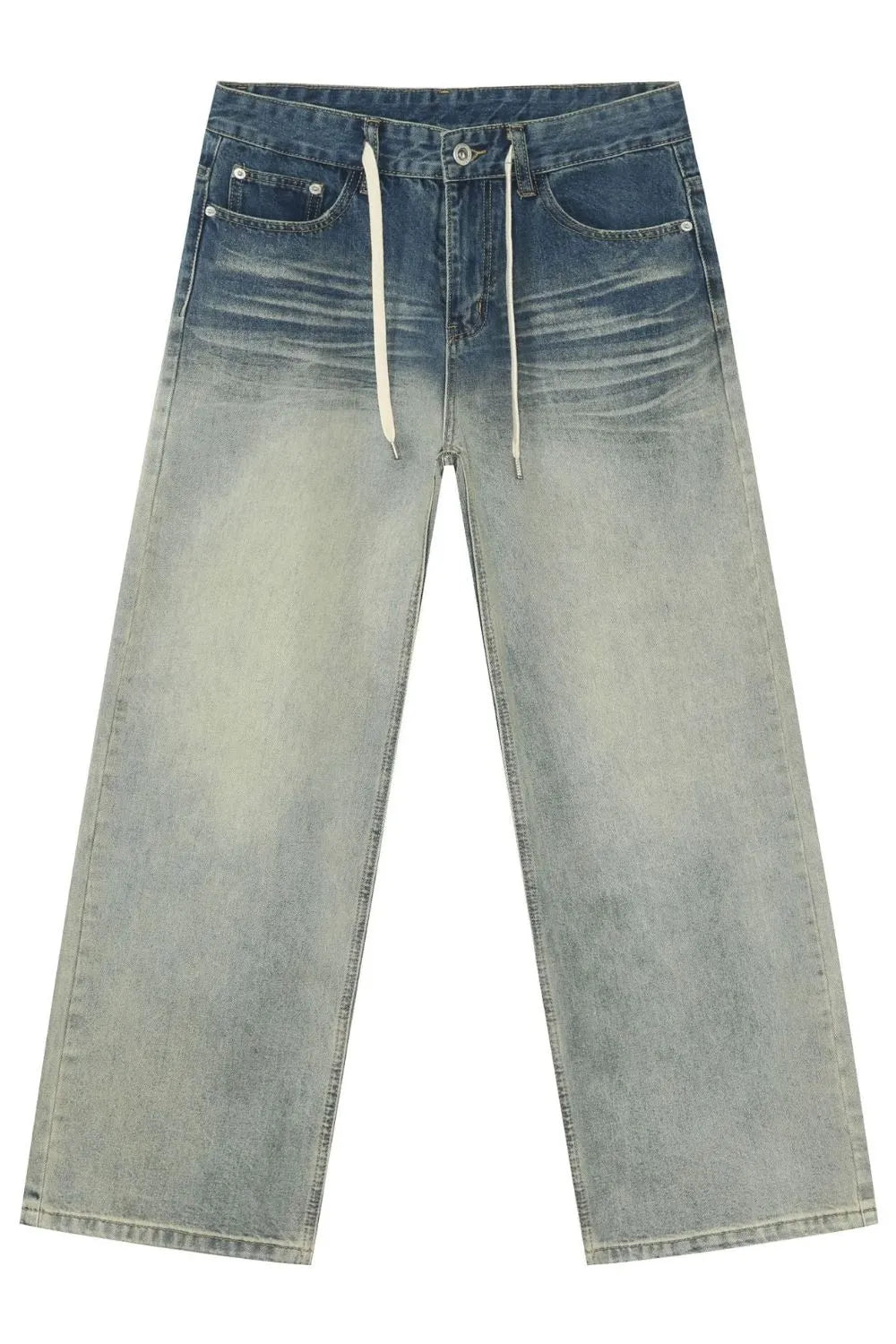 Faded wash wide-leg jeans with drawstring in medium blue denim.