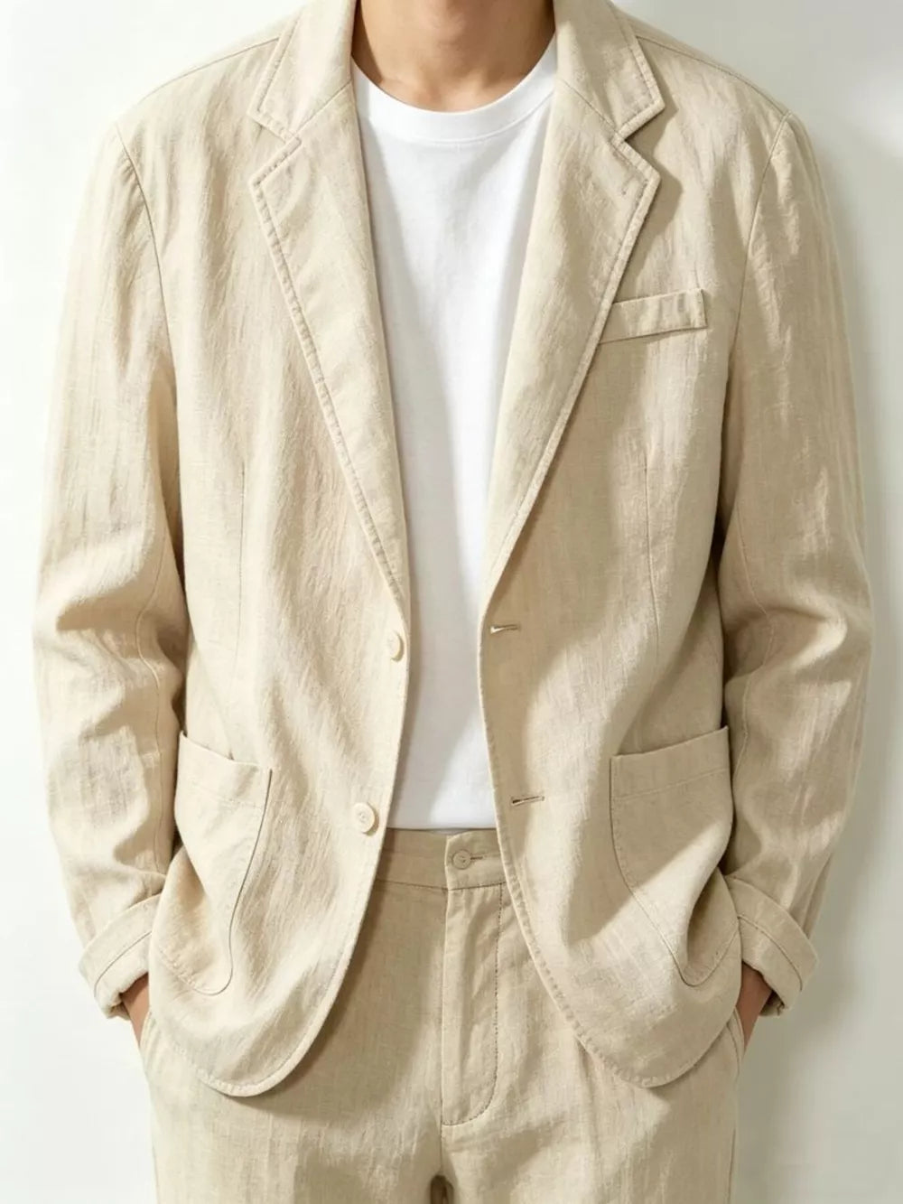 Khaki long sleeve sport jacket with notched lapels, two buttons, and flap pockets.