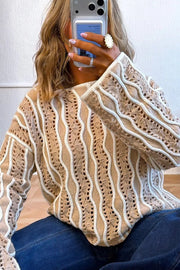 Contrast Wavy Striped Openwork Knit Top in Beige, model styling view