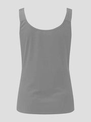 Dark gray ribbed tank top with scoop neck and lace inset detail.