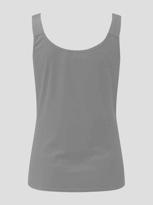 Dark gray ribbed tank top with scoop neck and lace inset detail.