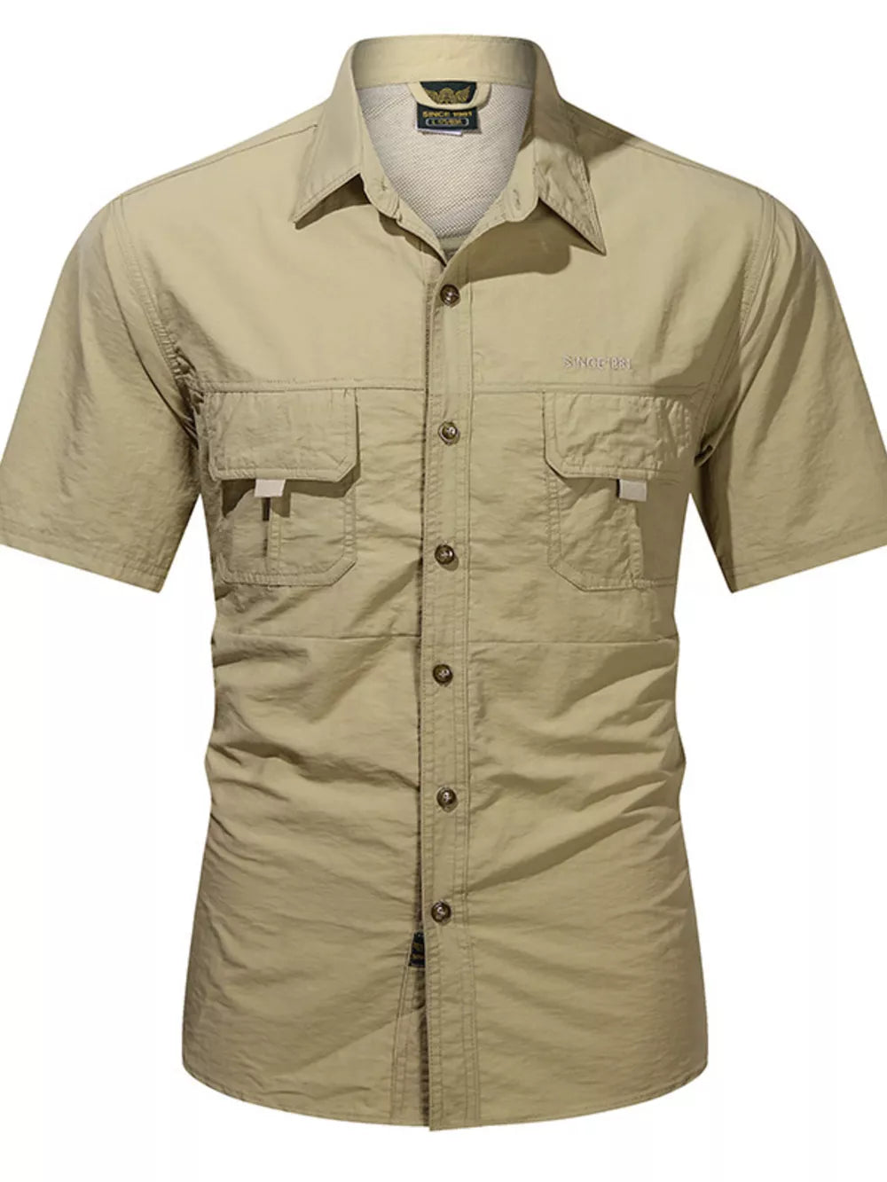 Khaki short sleeve button-up shirt with two chest pockets and a spread collar.
