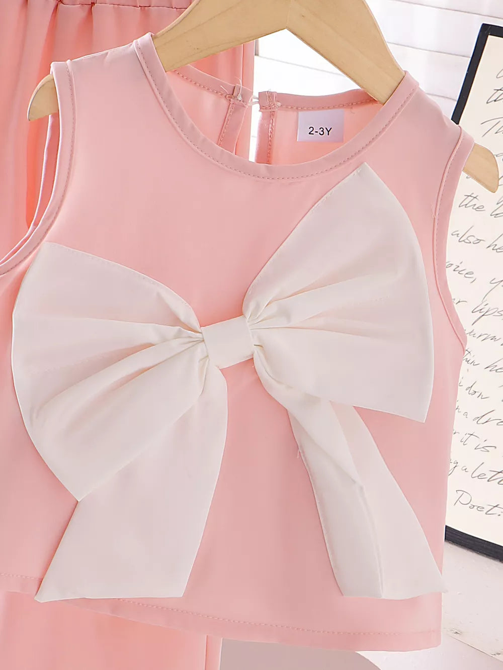 Children's Bow Tank And Pants Set in Pink, close-up detail