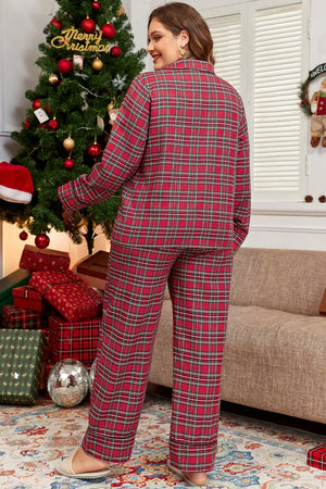 Crimson plaid pajama set with relaxed fit, long sleeves, and pants.