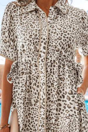 Print button-down midi dress with drawstring waist and leopard pattern