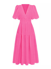 Elegant Puff Sleeve V-neck Midi Dress