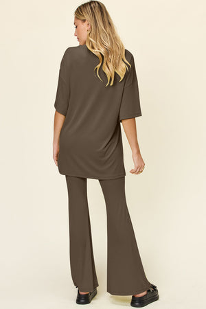 Mocha oversized tee and flare leg pants set