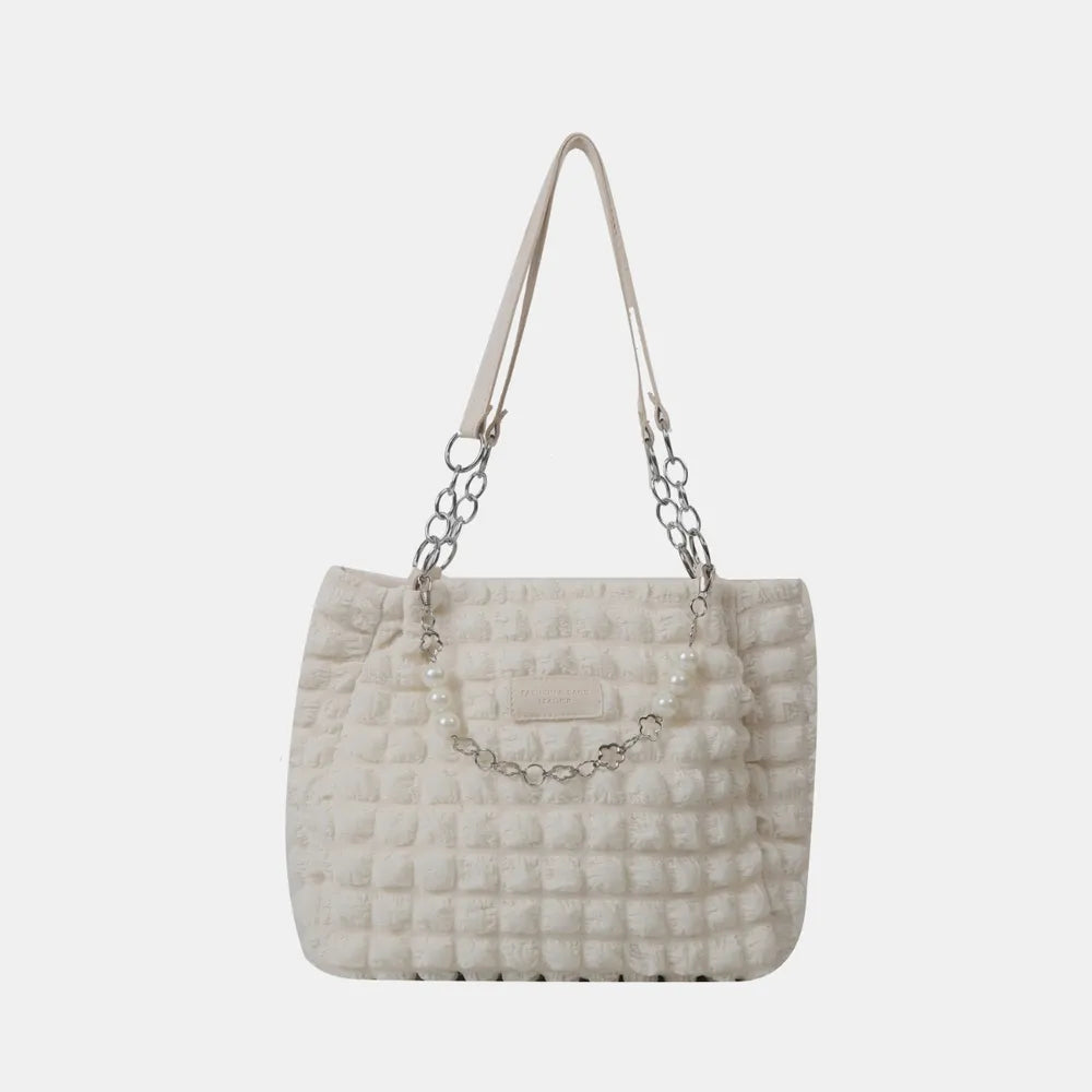Ivory textured grid shopper bag with pearl and chain strap detail