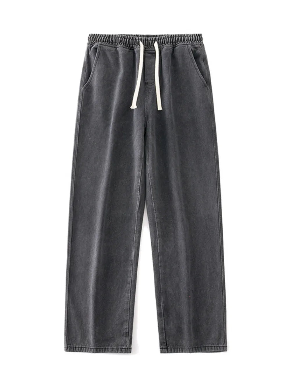 Relaxed wide-leg jeans in dark gray denim with a drawstring waist and pockets.