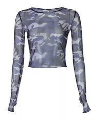 Sheer camouflage long sleeve tee in blue with thumbholes.