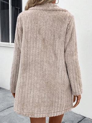 Textured teddy bear overcoat in dust storm with vertical ribbing and a relaxed fit.