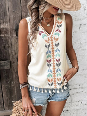 Cream embroidered V-neck tank top with tassels and colorful bohemian pattern.